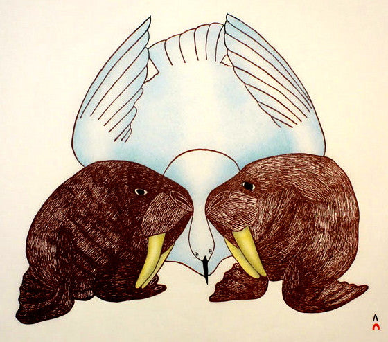 1994 WALRUS AND BIRD by Mayoreak Ashoona